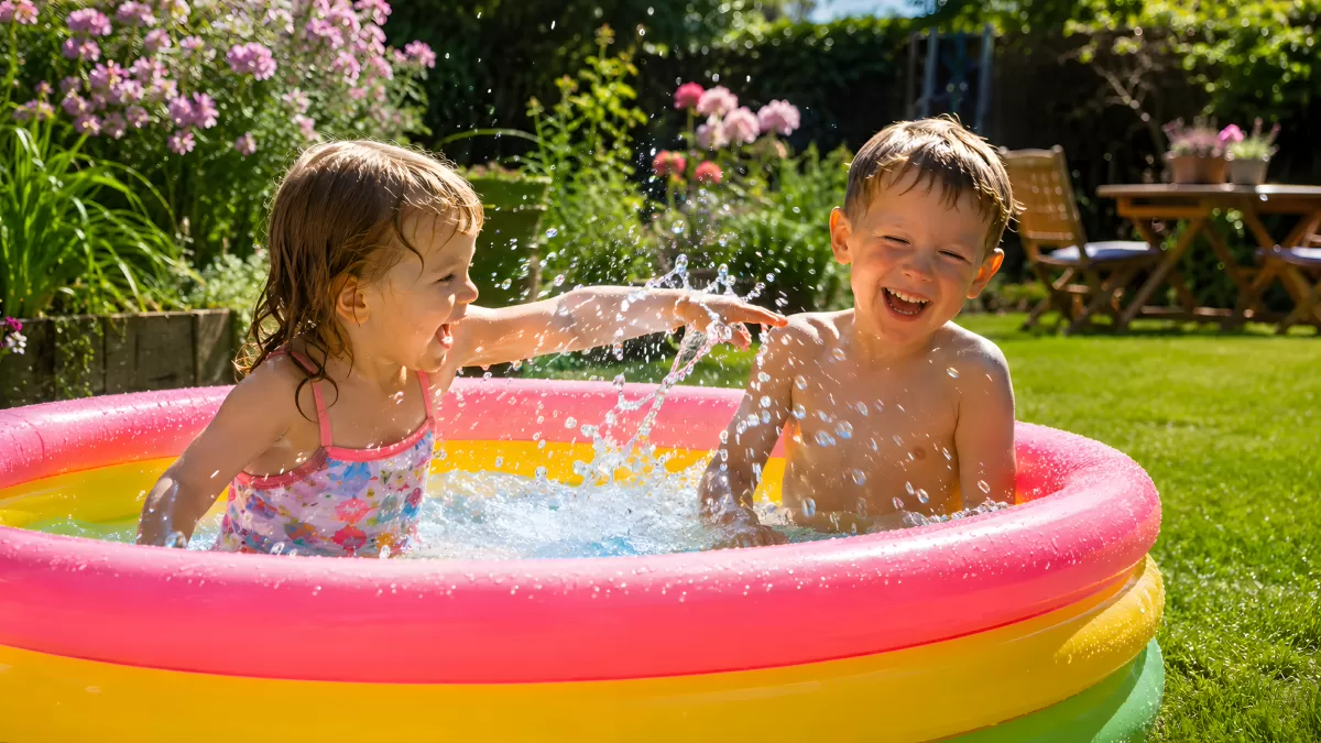 Zwei Kinder plantschen im Aufblaspool im Garten — Bild kostenlos herunterladen