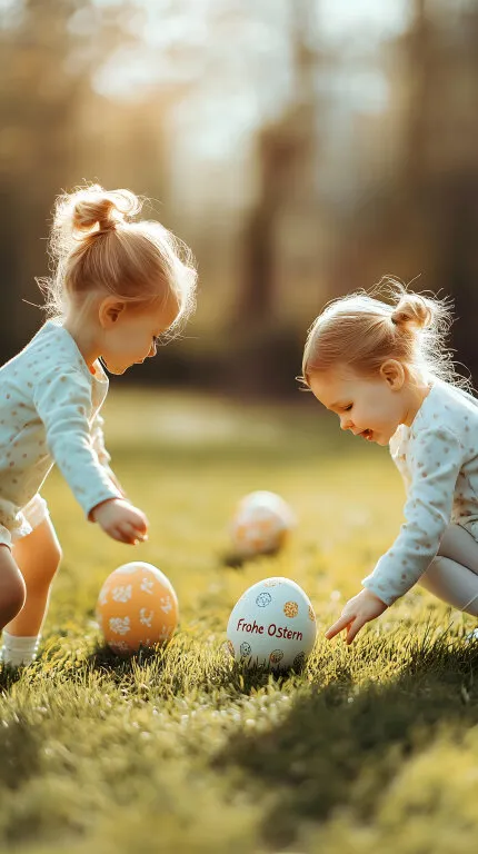 Zwei Kinder suchen bunte Ostereier in der Natur