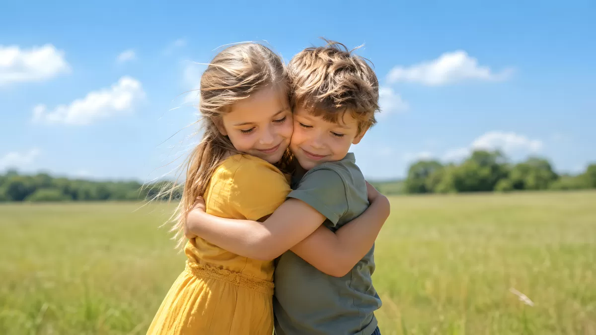 Zwei Kinder umarmen sich herzlich auf einer Wiese