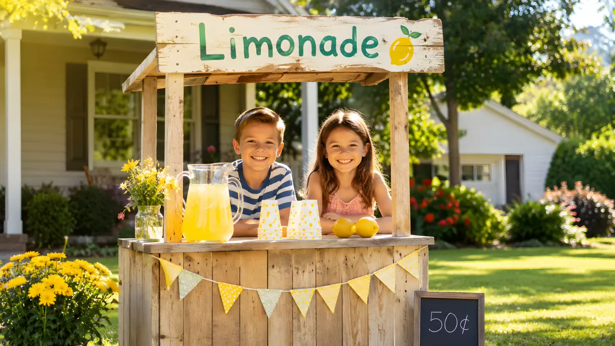 Zwei Kinder verkaufen Limonade an selbstgebautem Stand