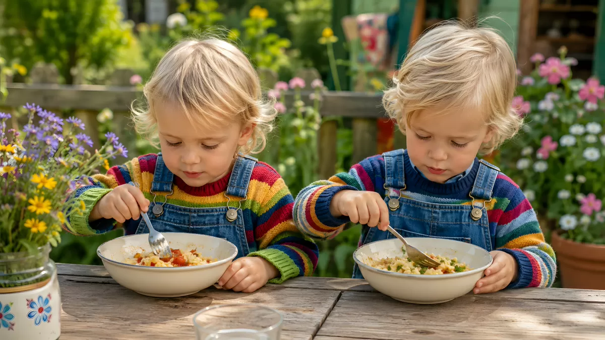 Zwei Kleinkinder essen gemeinsam im Garten
