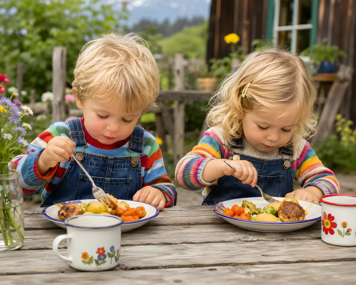 Zwei Kleinkinder essen Gemüse im Garten