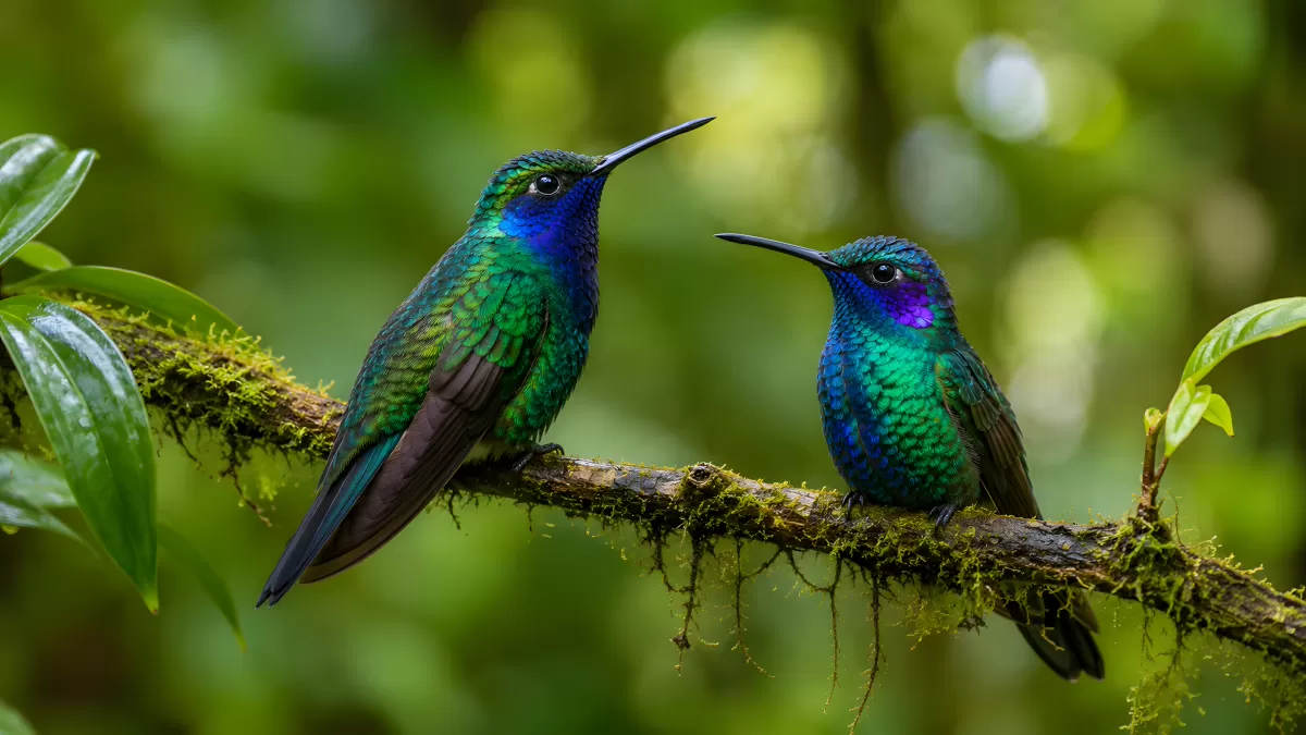 Zwei Kolibris mit schillerndem Gefieder auf Ast