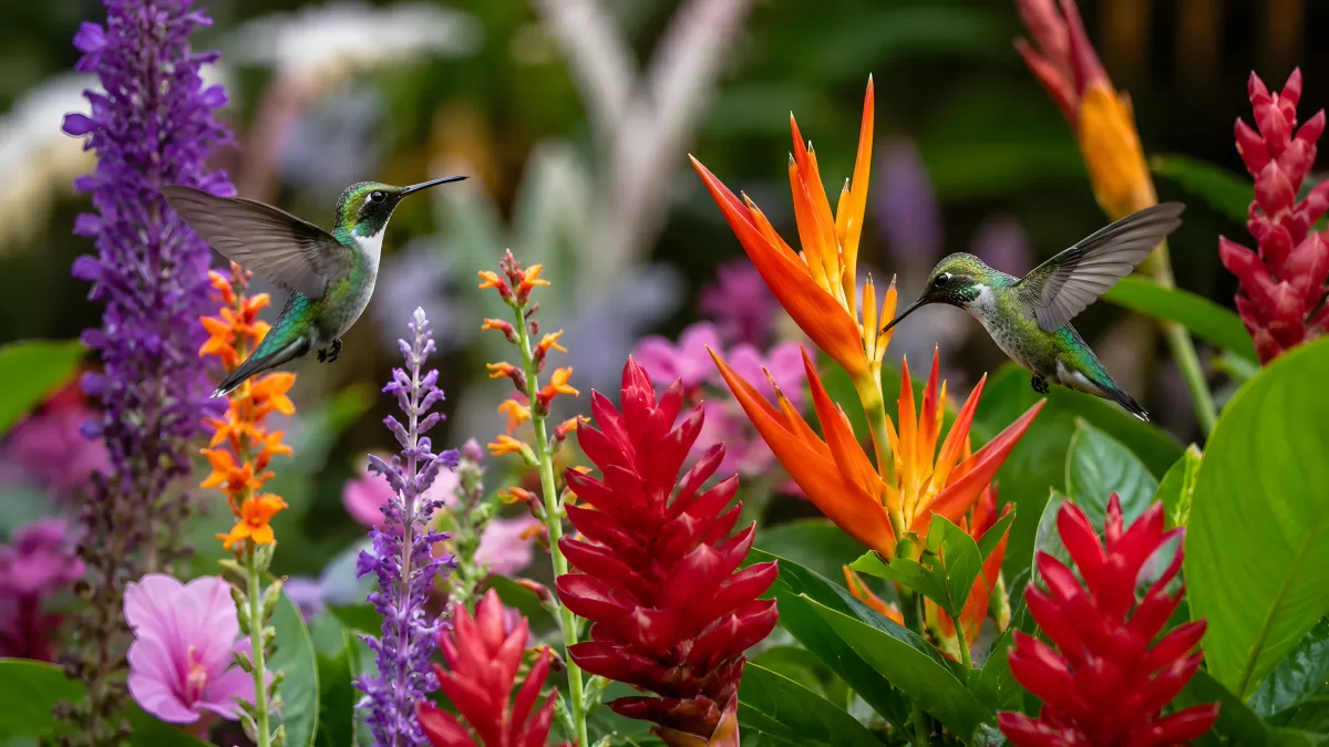 Zwei Kolibris schweben zwischen tropischen Blüten