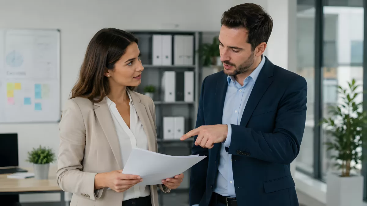 Zwei Kollegen besprechen Dokumente im Büro