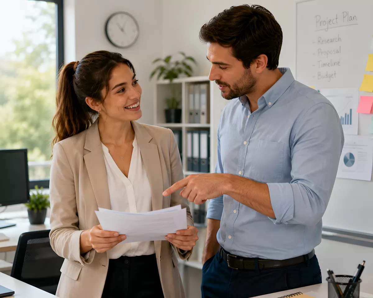 Zwei Kollegen besprechen Projektplan im Büro