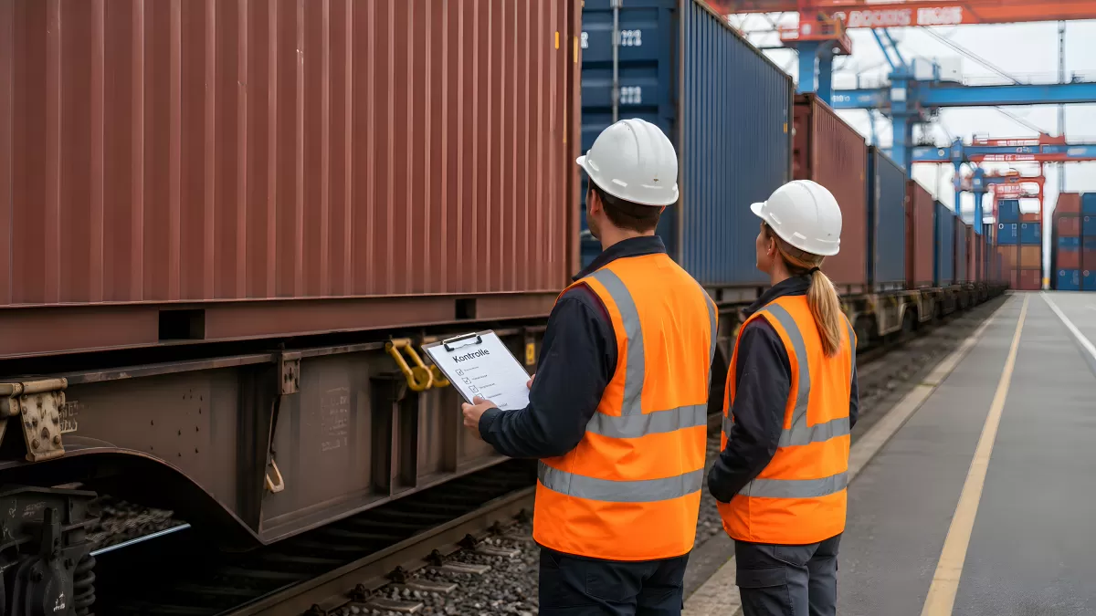 Zwei Kontrolleure prüfen Frachtcontainer am Güterzug