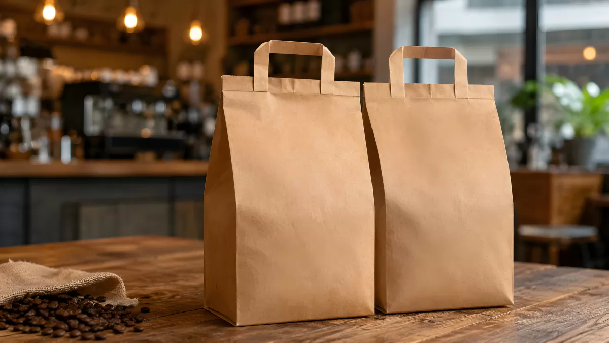Zwei Kraftpapier-Tragetaschen in einem Café