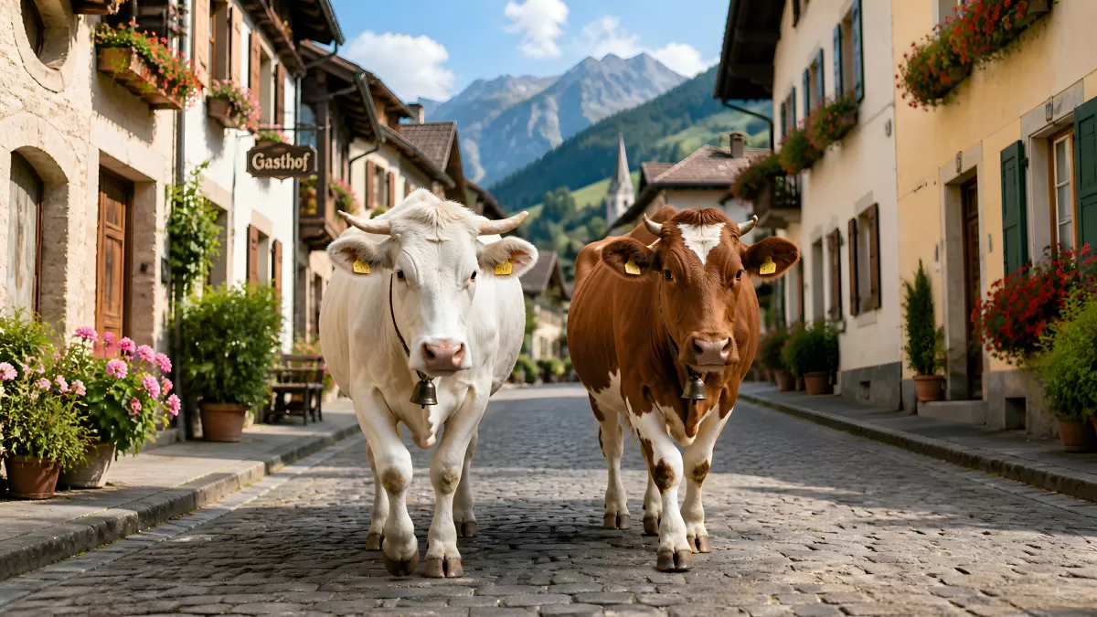 Zwei Kühe spazieren durch ein Alpendorf im Sommer
