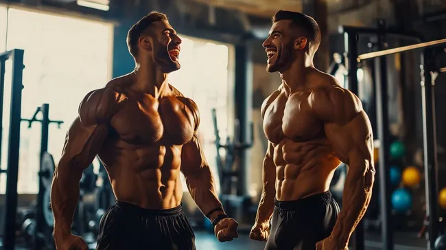 Zwei lachende Bodybuilder während des Trainings