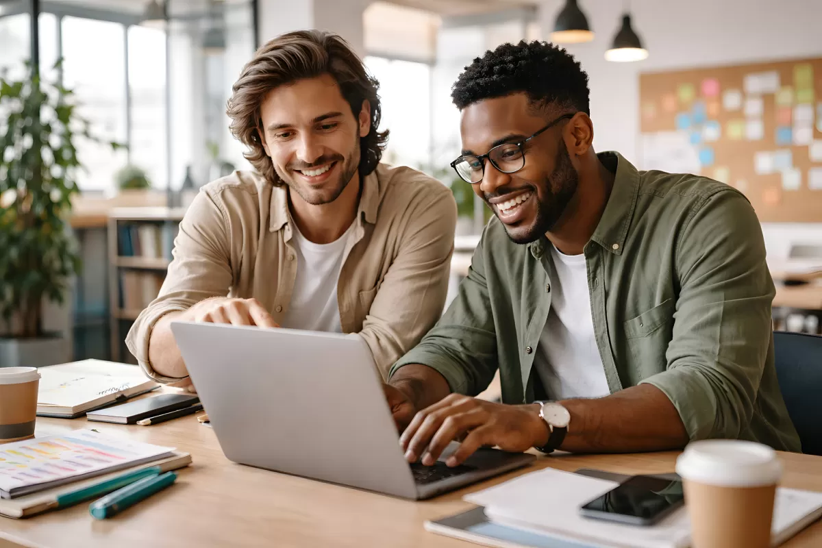 Zwei lachende Männer arbeiten zusammen an einem Laptop