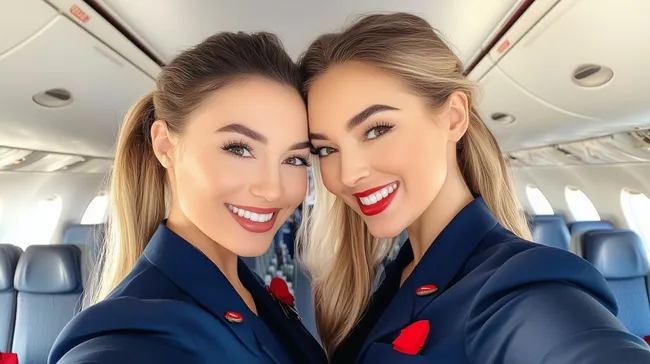 Zwei lächelnde Flugbegleiterinnen in Uniform posieren im Flugzeug