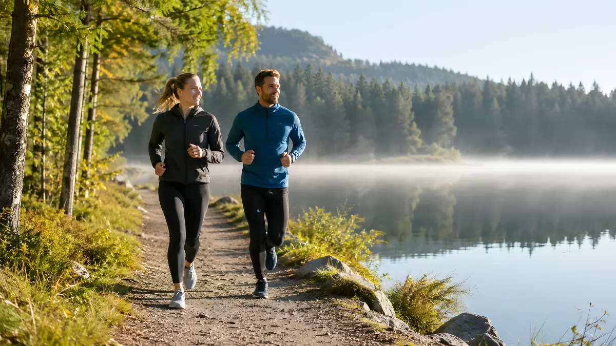 Zwei Läufer joggen am nebligen Seeufer im Herbst