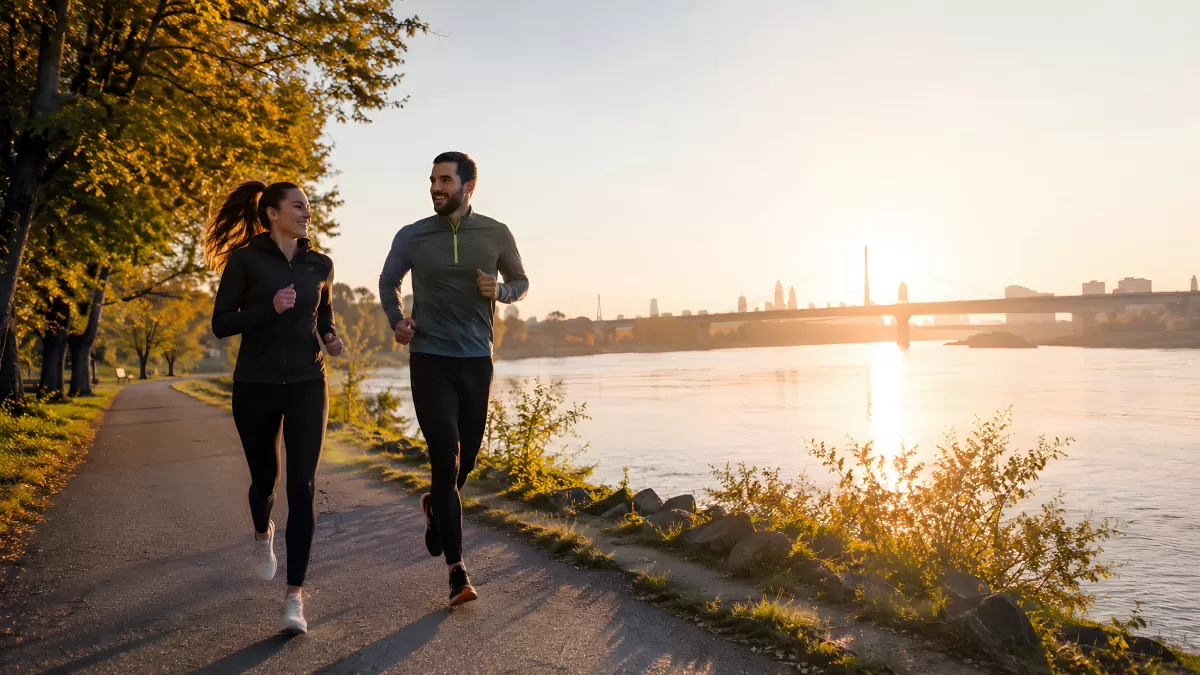 Zwei Läufer joggen bei Sonnenuntergang am Fluss