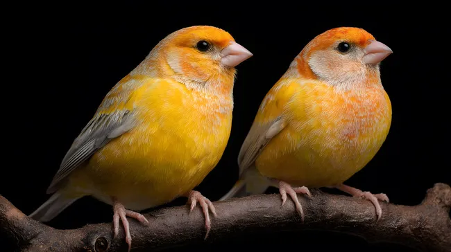 Zwei leuchtend gelbe Kanarienvögel auf Ast