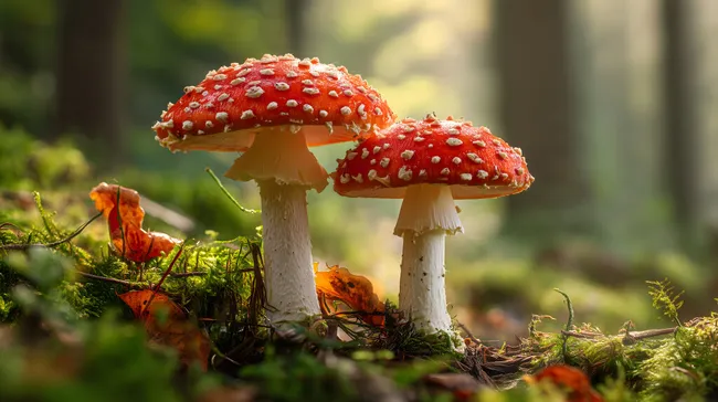Zwei leuchtend rote Fliegenpilze im herbstlichen Waldmoos