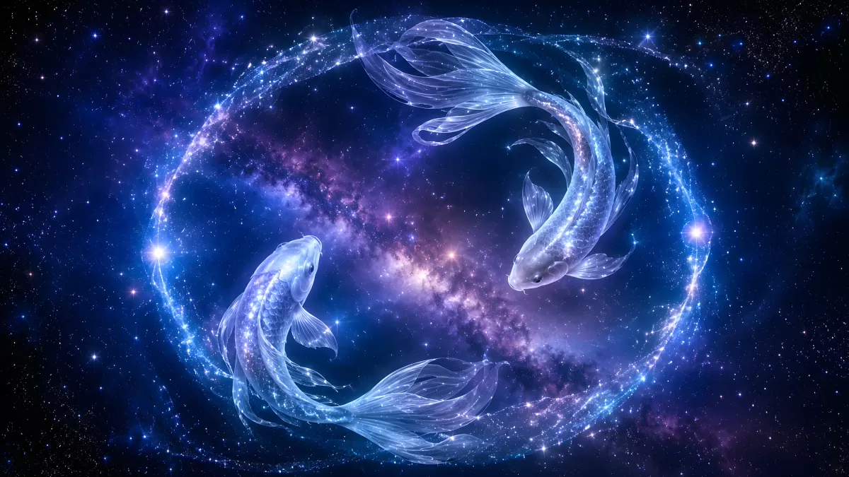 Zwei leuchtende Fische im Sternenhimmel als Fische-Sternzeichen