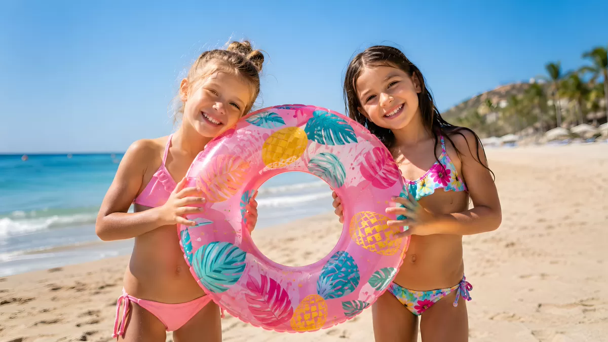 Zwei Mädchen am Strand mit pinkem Schwimmring