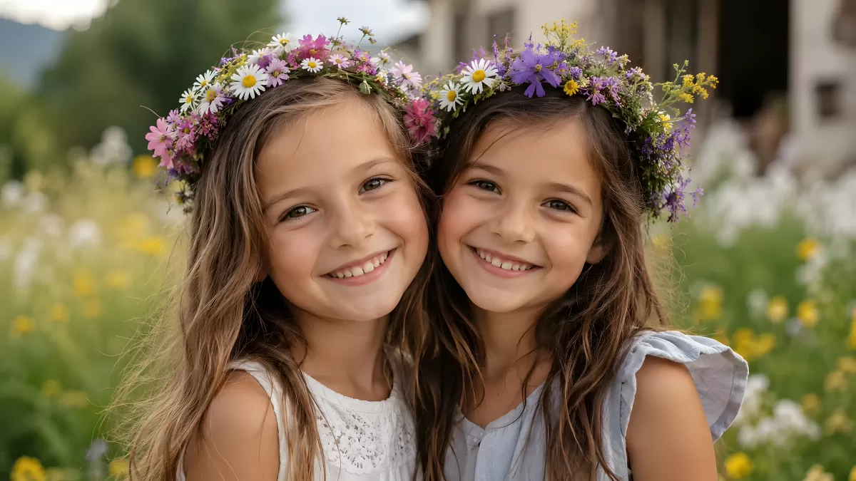 Zwei Mädchen mit Blumenkränzen auf der Sommerwiese