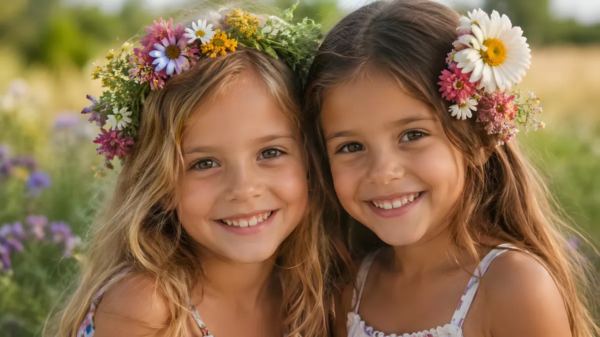 Zwei Mädchen mit Blumenkranz auf Sommerwiese