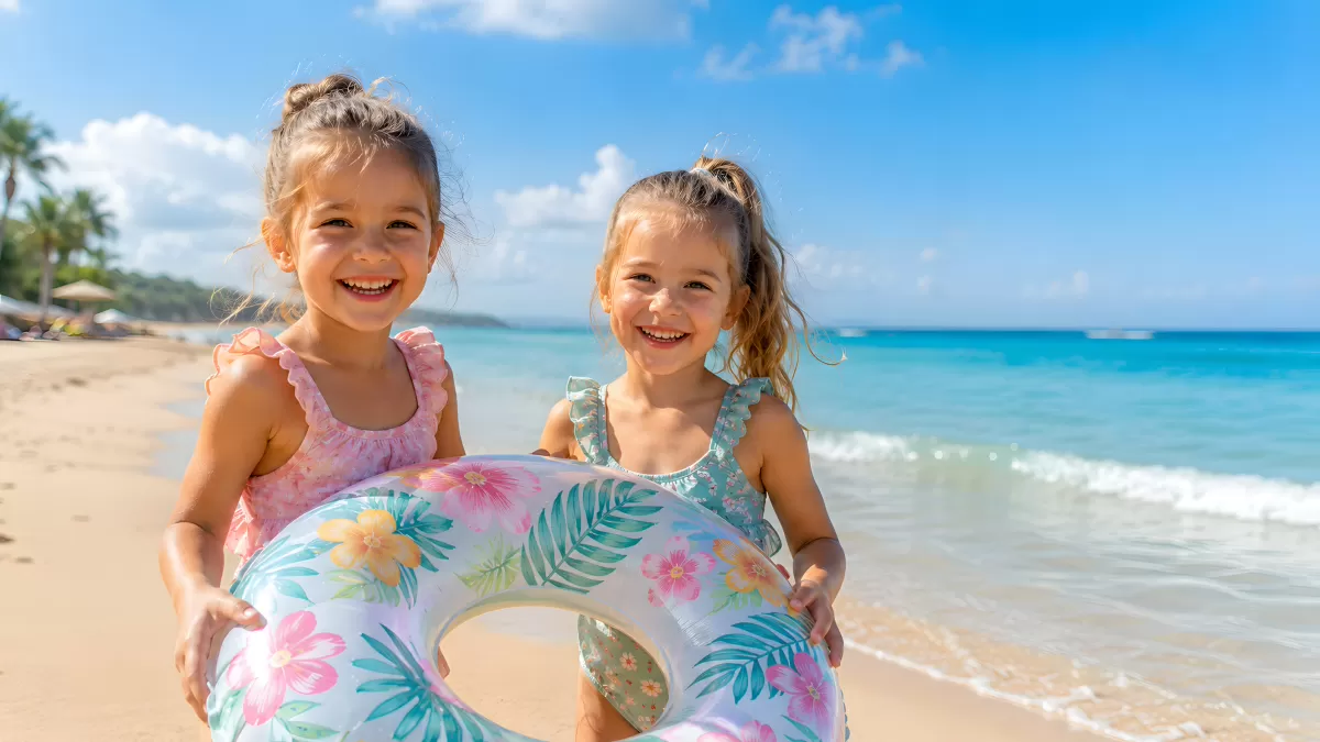 Zwei Mädchen mit Schwimmring am Strand im Sommer