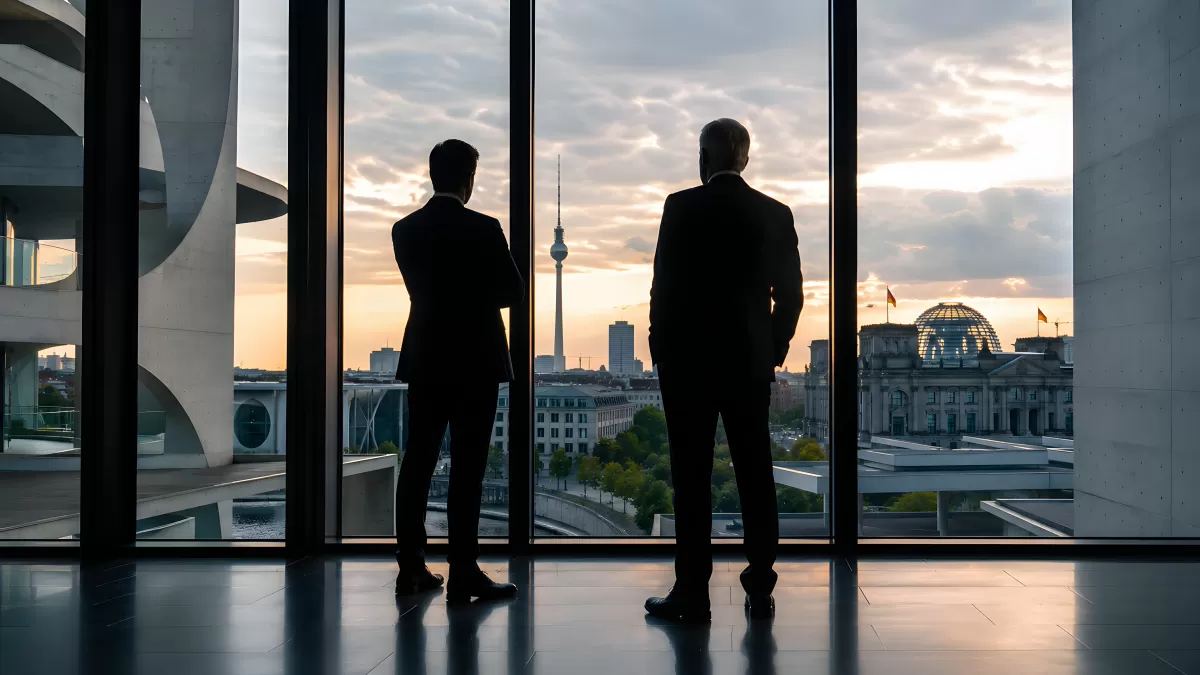 Zwei Männer blicken auf die Berliner Skyline bei Sonnenuntergang