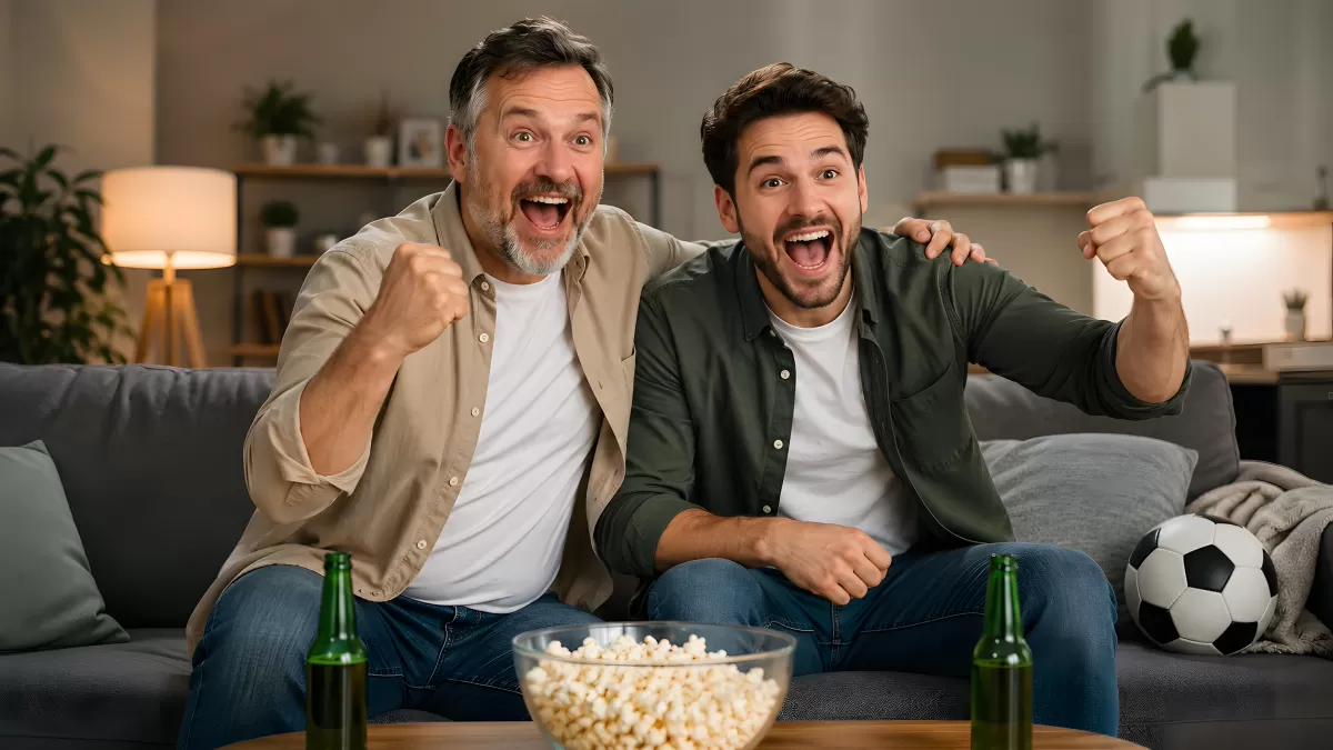 Zwei Männer feiern Fußballspiel auf dem Sofa