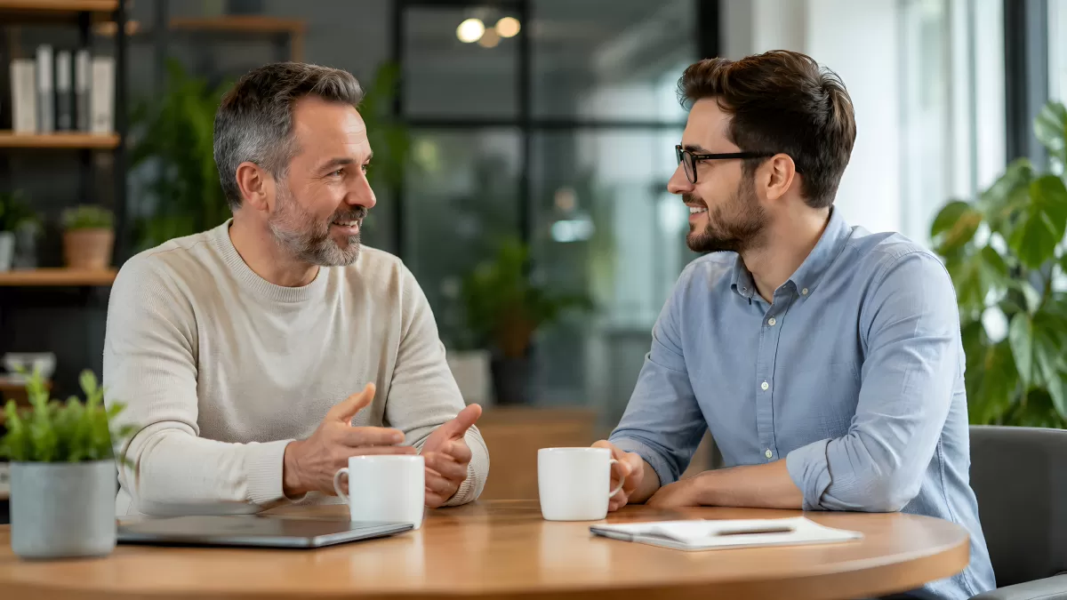 Zwei Männer im Gespräch bei Kaffee im Büro