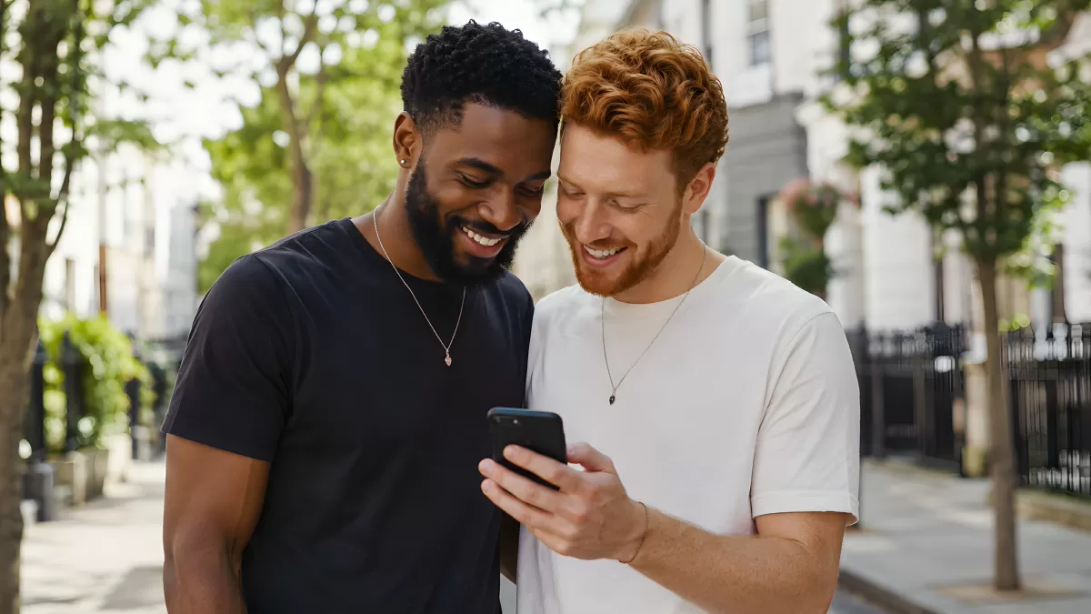Zwei Männer lachen gemeinsam über Smartphone-Inhalt
