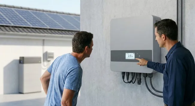 Zwei Männer prüfen Solarwechselrichter einer Photovoltaikanlage