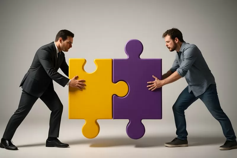 Zwei Männer schieben große Puzzleteile zusammen