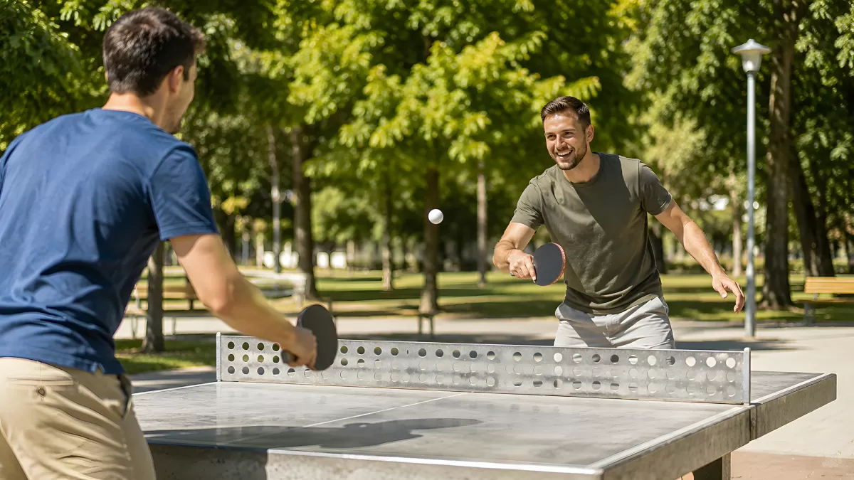 Zwei Männer spielen Tischtennis im Stadtpark