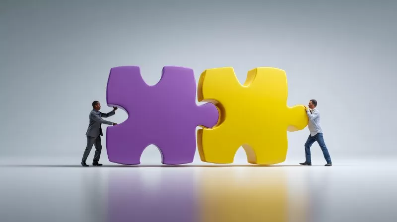 Zwei Männer verbinden übergroße Puzzleteile im Studio