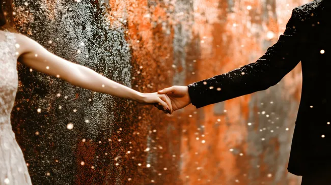 Zwei Menschen halten Hände bei romantischem Sonnenuntergang