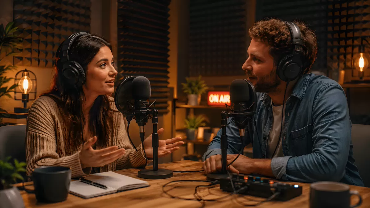 Zwei Moderatoren im Gespräch beim Podcast-Interview