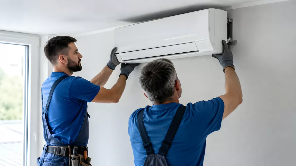 Zwei Monteure installieren Klimaanlage an Wand