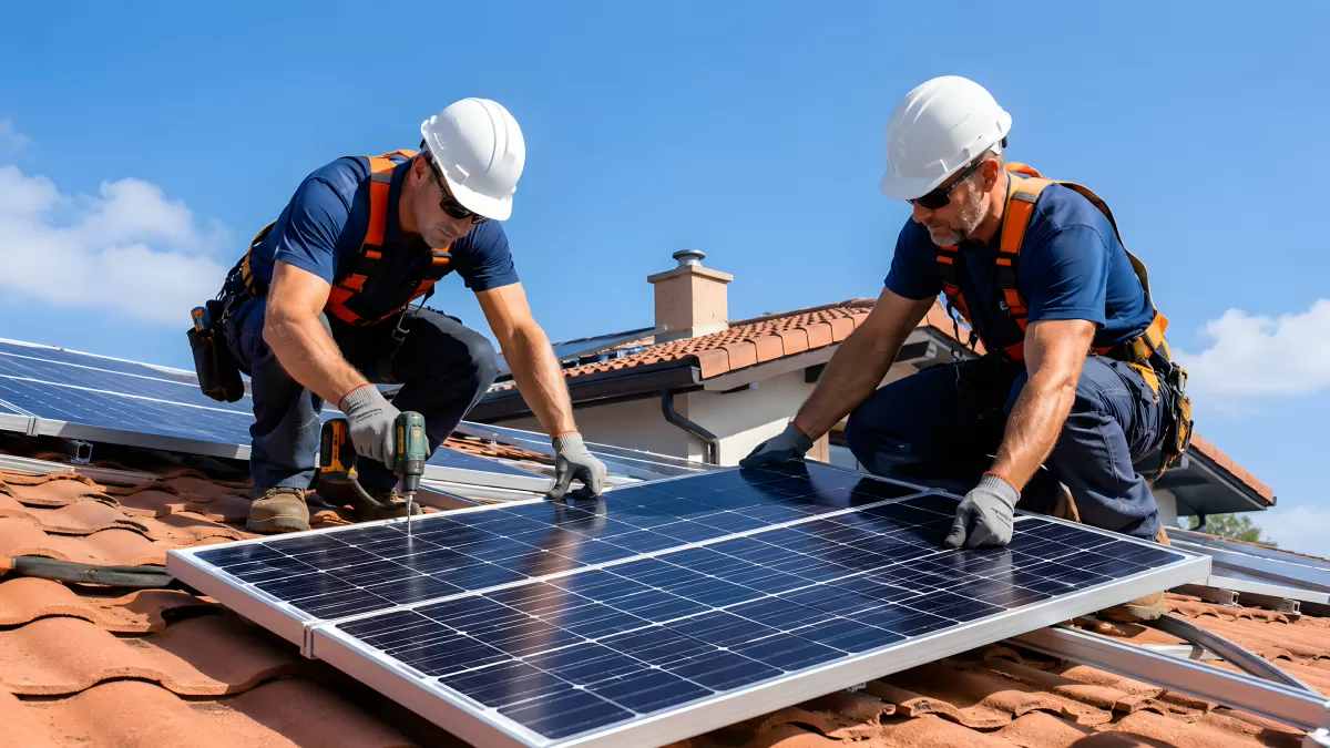 Zwei Monteure installieren Solarmodul auf Ziegeldach
