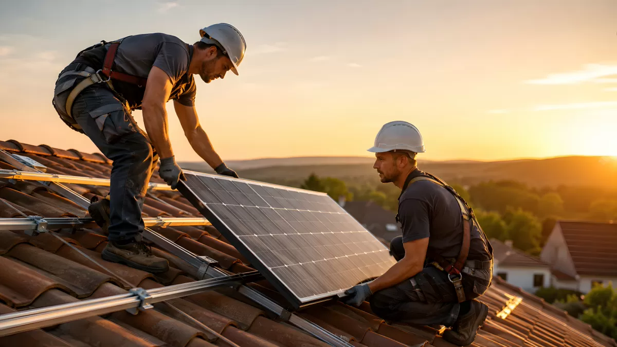 Zwei Monteure installieren Solarmodule auf Ziegeldach