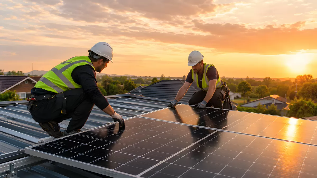 Zwei Monteure installieren Solarmodule bei Sonnenuntergang