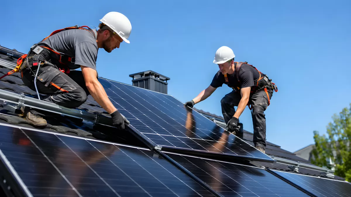 Zwei Monteure verlegen Solarmodule auf dem Dach