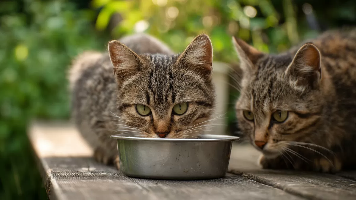 Zwei neugierige Katzen beim Fressen in der Natur