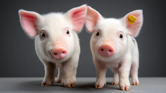 Zwei niedliche Ferkel vor grauem Hintergrund