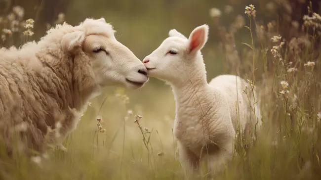 Zwei niedliche Lämmer kuscheln im Wiesengras