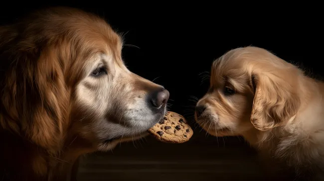 Zwei niedliche Retriever-Welpen mit Keks