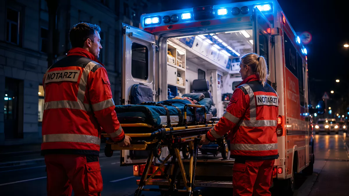 Zwei Notärzte laden Patienten in Krankenwagen bei Nacht