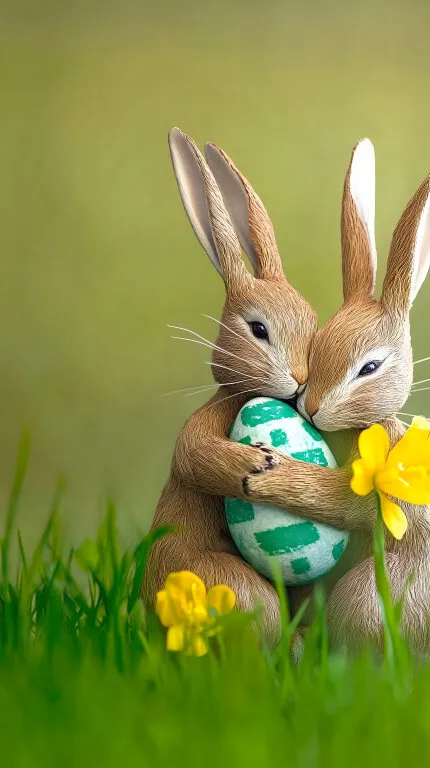 Zwei Osterhasen kuscheln mit verziertem Ei in grünem Gras