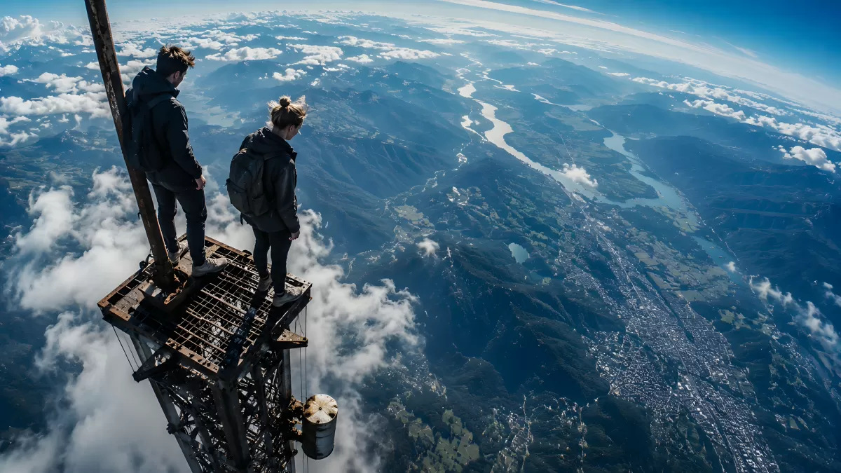 Zwei Personen auf einem Turm über den Wolken