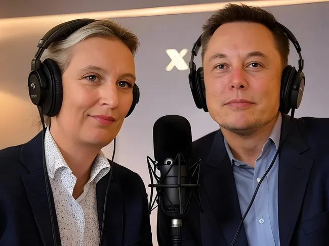 Zwei Personen in Geschäftskleidung bei Podcast-Aufnahme