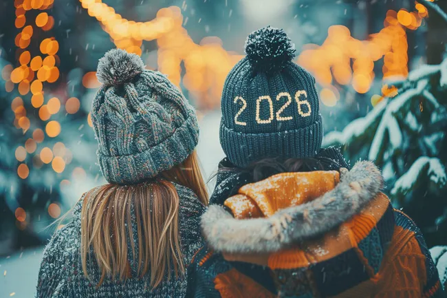 Zwei Personen mit Wintermützen bei Schneefall