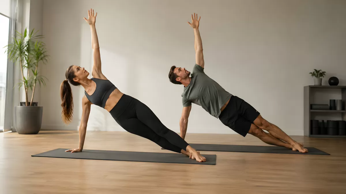 Zwei Personen üben Side Plank auf Yogamatten